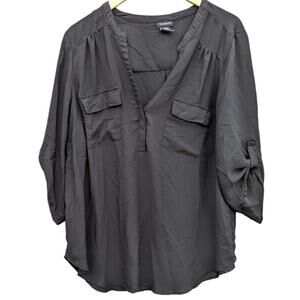Black Torrid 2X Blouse Career Office Goth Lightweight Pop Over Tab Sleeve V Neck